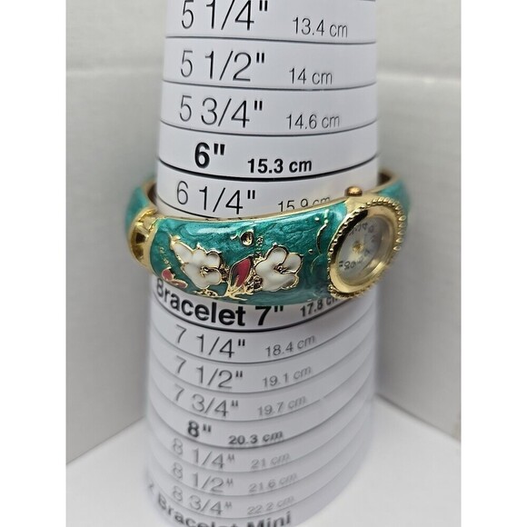 Floral Cloisonne Style Hinged Bangle Watch Green Enamel Gold Tone New Battery - Picture 7 of 12